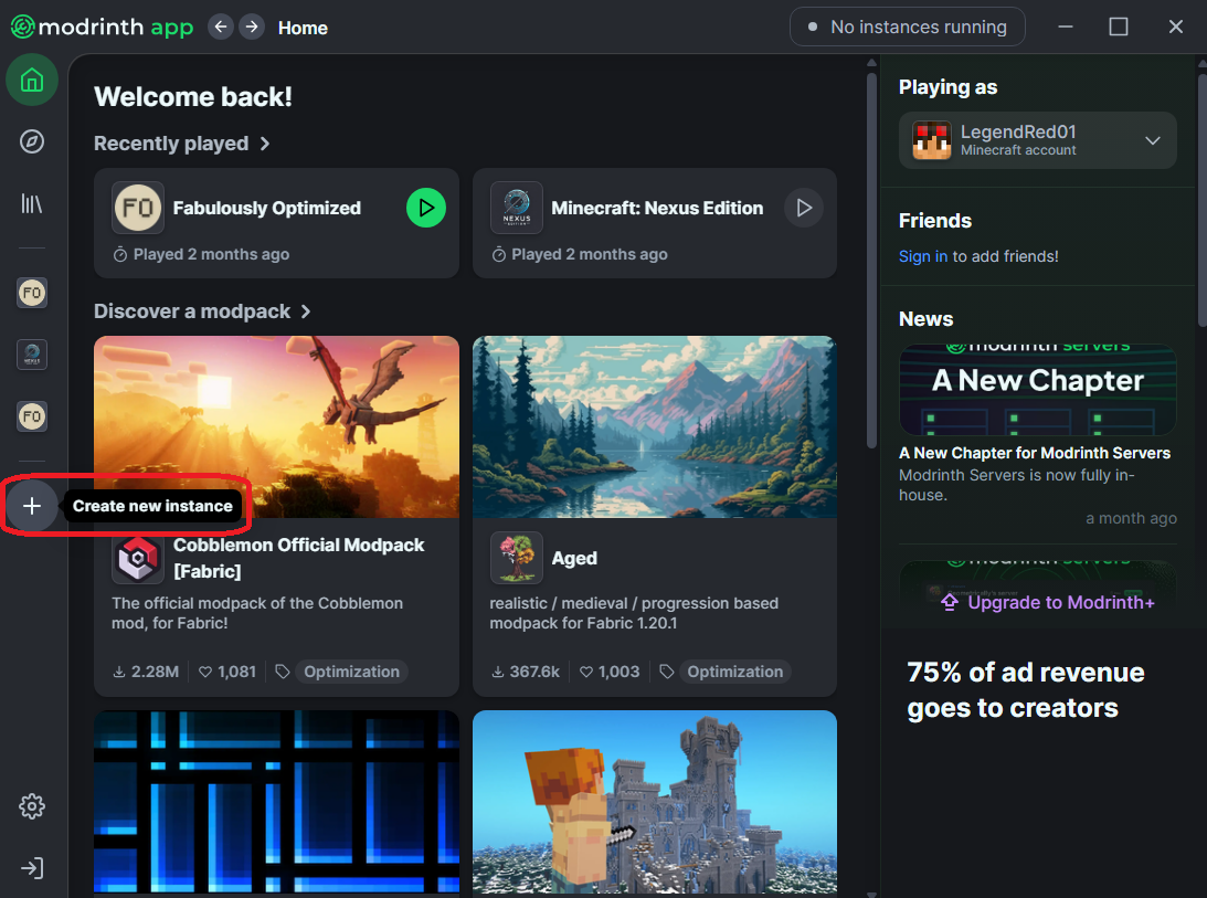 Modrinth Launcher - Add Instance Button Highlighted