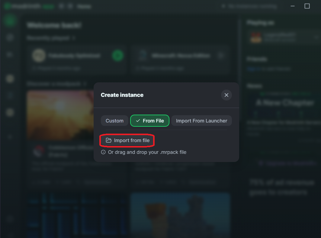 Modrinth Launcher - Import from file option highlighted